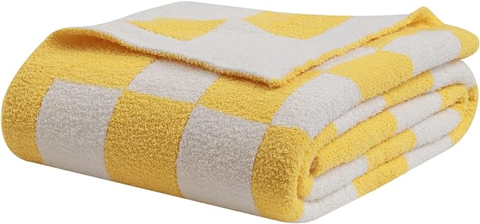 bearberry Fuzzy Checkerboard Grid Throw Blanket Soft Cozy Warm Microfiber All Season Blanket Decor for Couch Sofa Bed Travel Home (Yellow, 50''x60'')