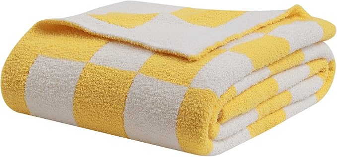 bearberry Fuzzy Checkerboard Grid Throw Blanket Soft Cozy Warm Microfiber Bed Blanket Decor for Couch Sofa Bed Travel Home (Yellow, 60''x80'')