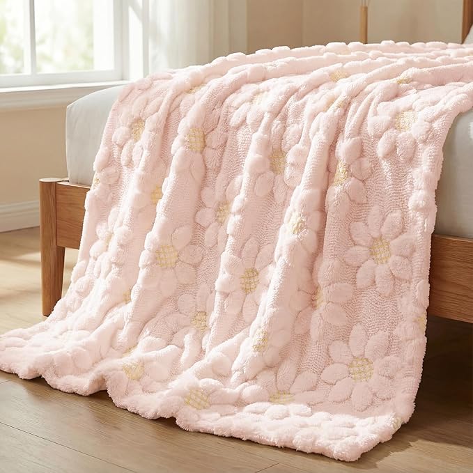 Horaldaily Spring Summer Blanket Throw, Pink Sunflower Soft Fuzzy Plush Faux Fur Cozy Blankets for Couch Sofa Bed Lounging, Ideal Gifts for Kids Adults Wife Self, 50x60