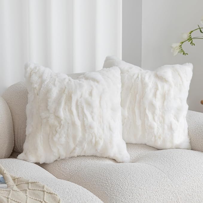 MOOX Rabbit Fur Throw Pillow Covers Decorative Fluffy Soft Fuzzy Plush Luxury Genuine Animal Skin Lumbar Pillow 12"x20" Cushion Cover, Sofa, White