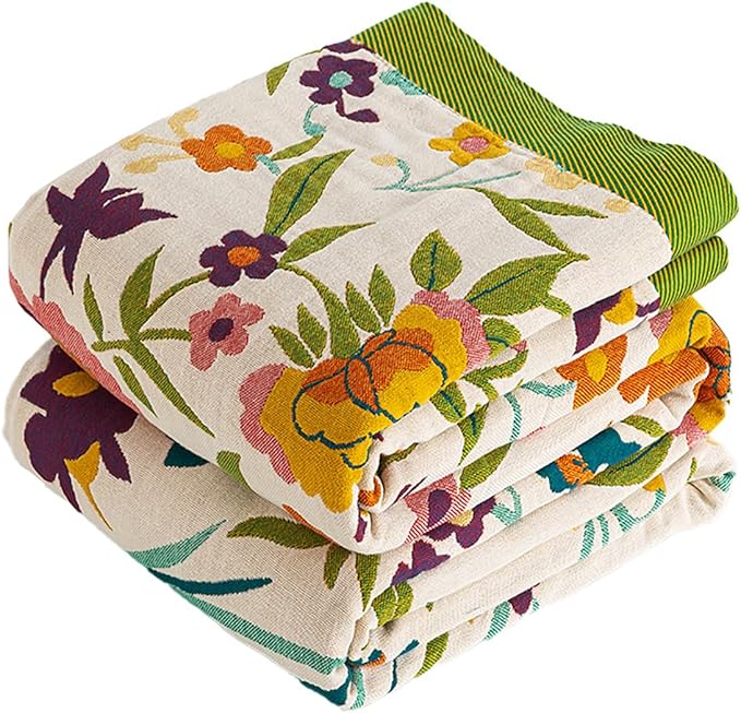 Boho Throw Blanket, 100% Organic Cotton Breathable Ultra Soft 91" x 98" Bed Quilt Throw - All Season Floral Rustic Farmhouse Decor Luxury Reversible Blanket for Sofa Couch Chair and Gift