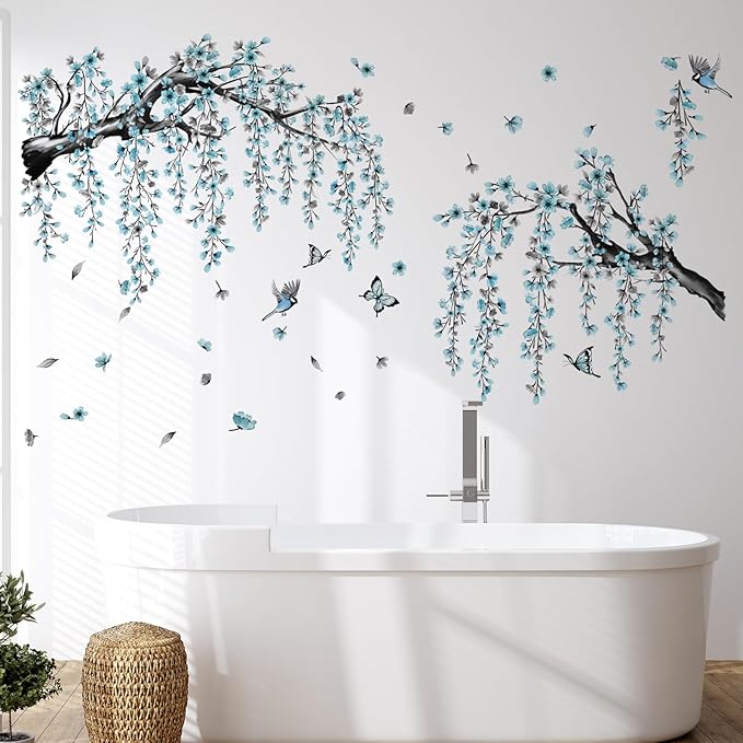 Blue Cherry Blossom Wall Stickers, Spring Watercolor Blue Flower Tree Wall Decals Bird Butterfly Peel and Stick Wall Murals Decor for TV Background Living Room Bedroom (Ink Blue)