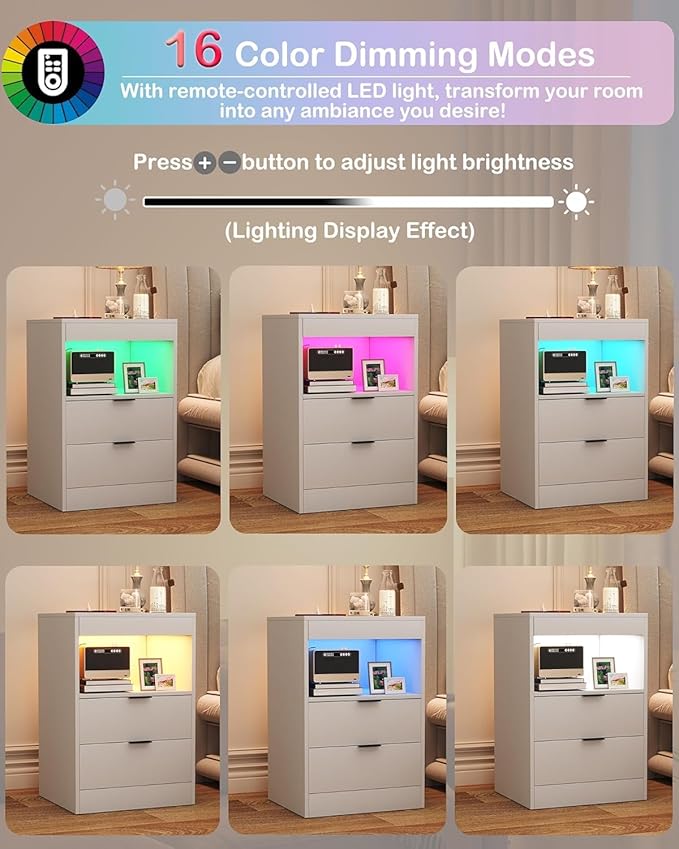 Yusong Night Stand with Gun Drawer & Invisible Lock, Bedside Table, LED Nightstand with Charging Station, Modern Night Stand, Wood Sofa Couch End Side Table with 2 Pull-Out Shelf, White