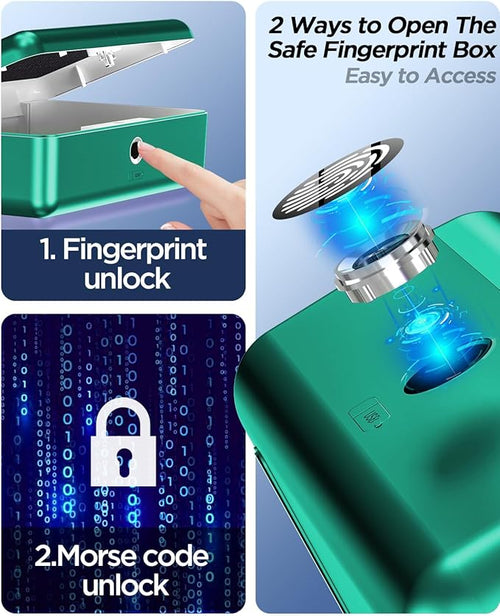 AICase Biometric Fingerprint Storage Box, Portable Security Box for Money Jewelry Safe Combination Lock for Car Home Office Travel Green