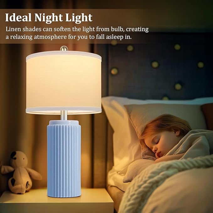 TOBUSA 23.5’’ Sky Blue Farmhouse Table Lamps for Living Room Set of 2, Modern Elegant Ceramic Bedside Nightstand Lamps with White Linen Shade for Bedroom, Coastal Lamps Set for Study Home Office