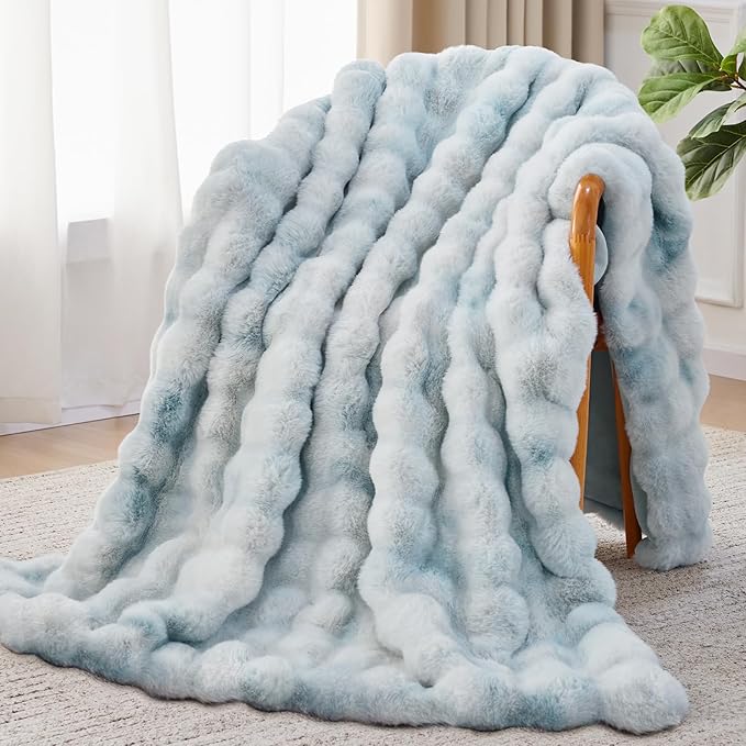 Faux Fur Throw Blanket, 1000GSM Fluffy Soft Bubble Blanket for Couch Bed, Cozy Plush Warm and Thick Rabbit Blanket for Living Room Bedroom 90''*104'' Tie-dye Blue