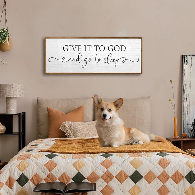 Christian Wall Decor Give It To God And Go To Sleep Sign Wall Decor 24"×10" Spiritual Quote Plaque for Master Bedroom Above Over Bed Rustic Religious Home Wood Framed Hanging Art (Wood)