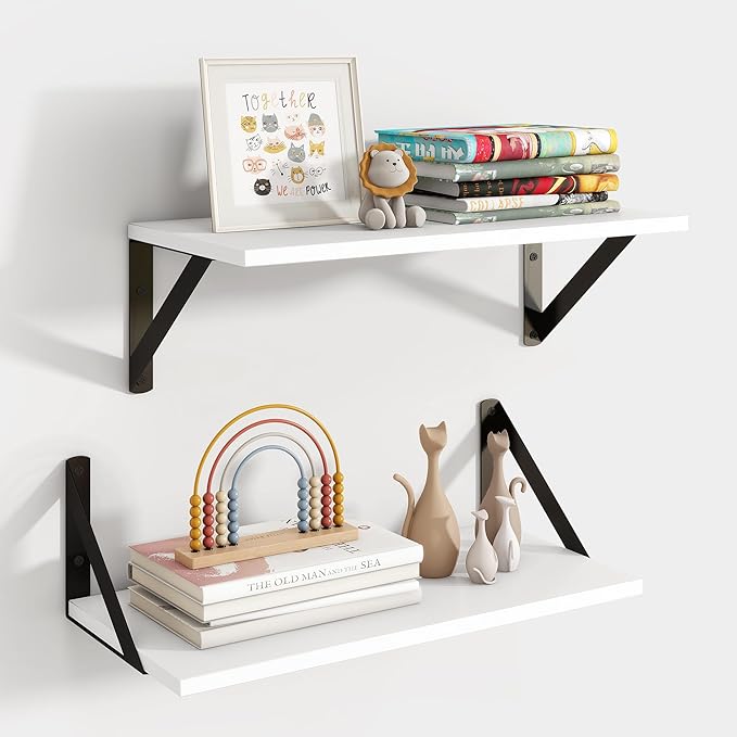 Axeman White Floating Shelves for Wall, 16''W x 8''D Floating Shelves Set of 2, 8 Inch Deep Wall Shelves for Bookshelf Living Room Bedroom Home Office Bathroom
