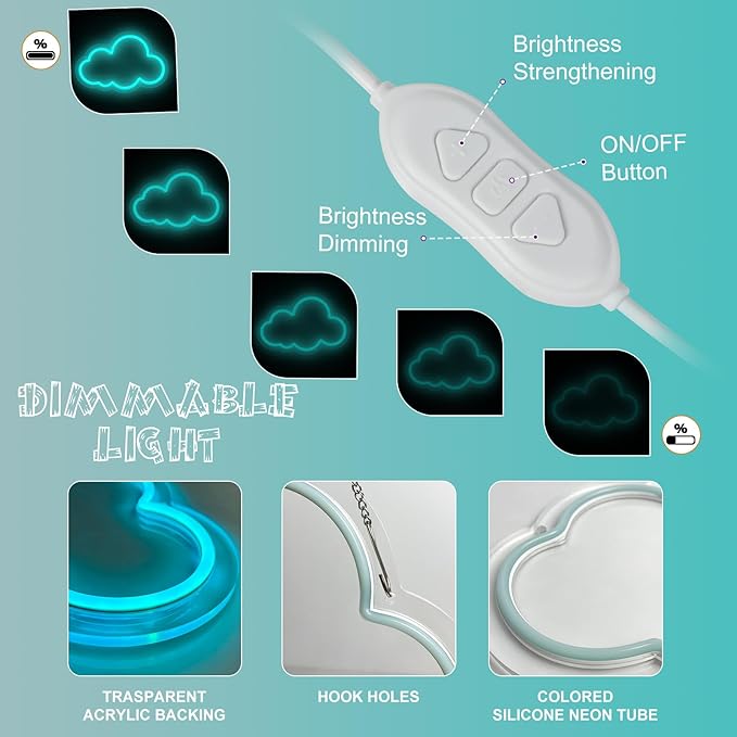Cloud Neon Sign Cute Blue Clouds LED Light Sign for Wall,13 * 7.9in Dimmable USB Floating Clouds Light Up Sign for Living Room Kid Bedroom Nursery Birthday Christmas Wedding Party decor