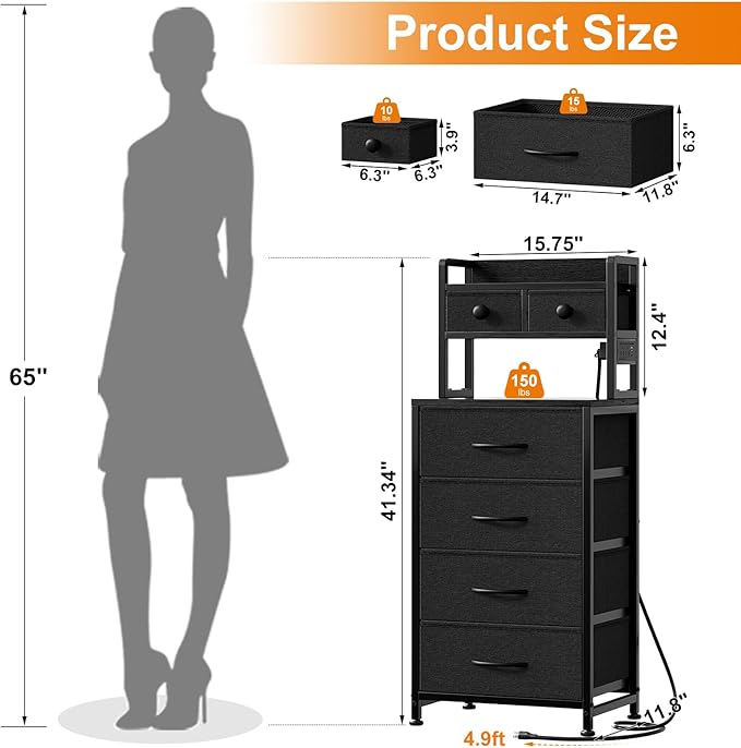 REAHOME 41 Inch Tall Nightstand with Charging Station, LED Night Stand with 6 Fabric Drawers, Bed Side Table with 3-Tier Wood Storage Shelves for Bedroom, Office, Small Spaces, Dark Gray