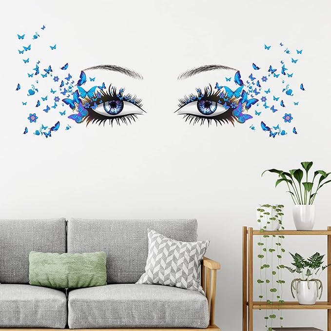 Blue Eyelash Eyes Wall Stickers - 4 Sheets, Premium Matte Vinyl, Butterfly Decals, Waterproof, for Women Girls Bedroom Living Room Decoration