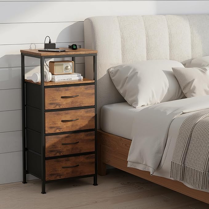 DUMOS Nightstand with Charging Station, Bedside End Table with 4 Fabric Drawers & USB/Type-C Ports and Outlets, Night Stand for Bedroom Furniture, Adjustable Feet and Variable Light Strip, Rust