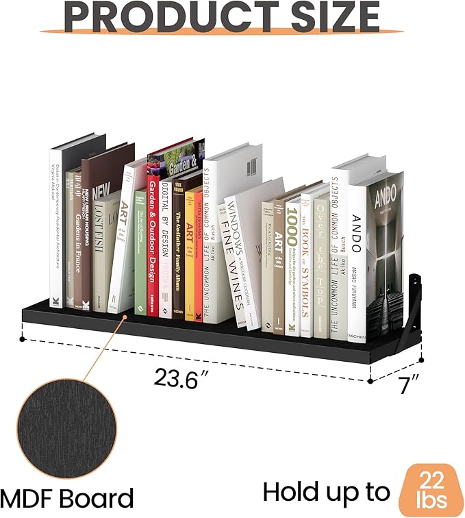 upsimples 23.6 Inches Floating Book Shelves for Wall, Floating Wood Shelves for Living Room, Laundry Room, Bedroom, Office Organizer and Storage, Black