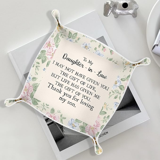 Daughter in Law Gifts Jewelry Valet Tray for Women, Gifts for Daughter in Law PU Leather Catchall Beside Caddy Nightstand Organizer Tray for Jewelry Rings Watches and Accessories, 7.87x7.87in