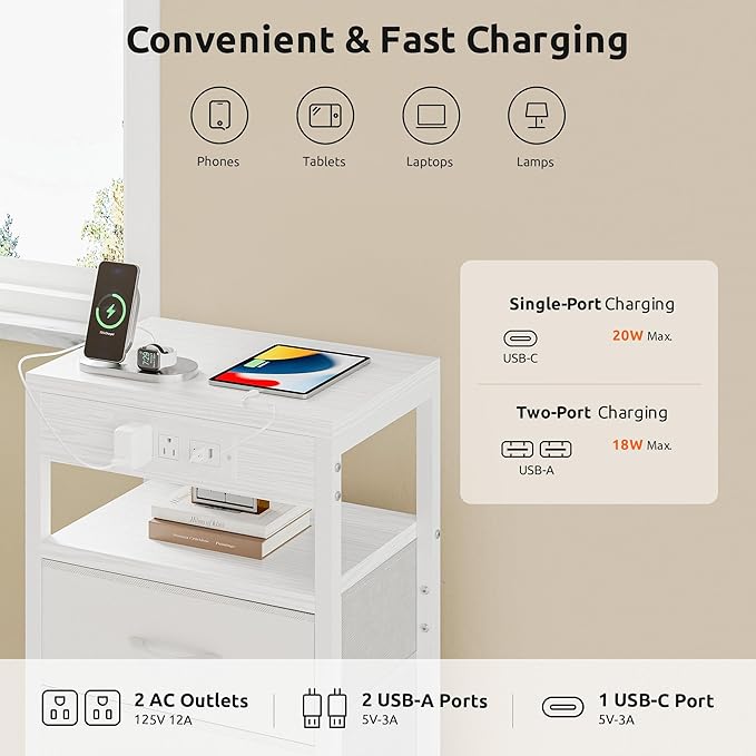 NightStand Bedside Charging Table Bedroom - Night Stand with Charger Station, White Modern Bed Side End Table with Open Shelf & 2 Fabric Drawers, USB-C Port & AC Outlets for Dorm, Living Room