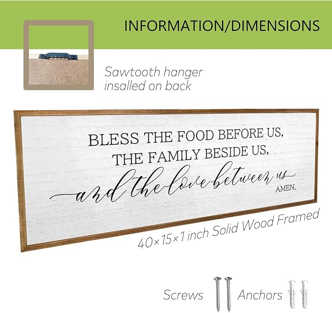 Christian Blessing Dining Room Wall Decor 40"×15" Bless The Food Before Us Sign Rustic Farmhouse Kitchen Religious Decor Large Catholic Horizontal Wooden Frame Wall Art Hanging (Wood)