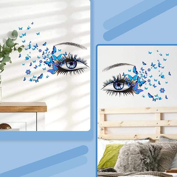Blue Eyelash Eyes Wall Stickers - 4 Sheets, Premium Matte Vinyl, Butterfly Decals, Waterproof, for Women Girls Bedroom Living Room Decoration