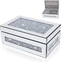 Glam Rhinestone Crystal Silver Glass Jewelry Box, Sparkly Blinged Out Mirror Jewelry Box for Women, Elegant Jewel Box for Romantic Gifting & Decorative Storage