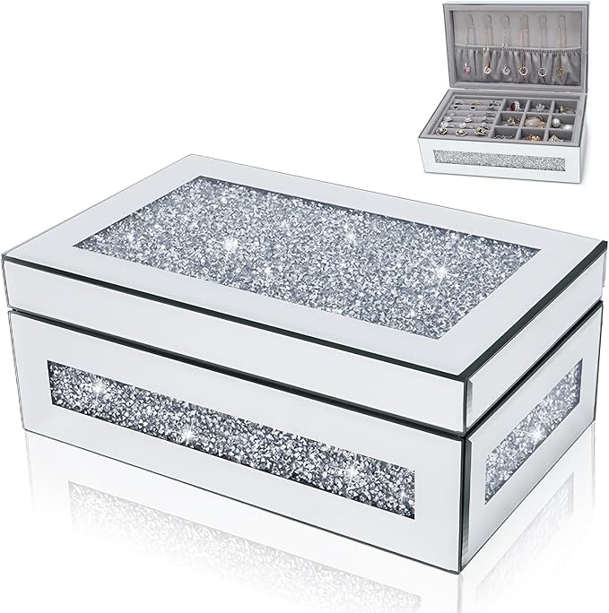 Glam Rhinestone Crystal Silver Glass Jewelry Box, Sparkly Blinged Out Mirror Jewelry Box for Women, Elegant Jewel Box for Romantic Gifting & Decorative Storage