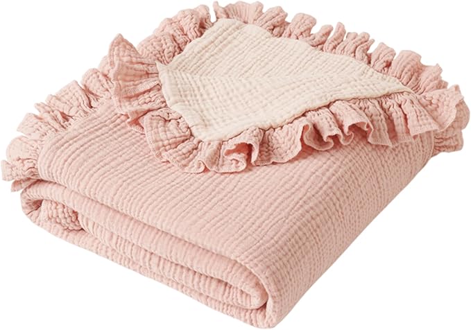 Konssy Flounce Muslin Baby Blanket for Girls Boys, 100% Cotton Soft Crib Swaddle Blankets, Reversible & Breathable Nursery Bedding for Newborns Toddlers, 40 x 36 Inches (Pink)