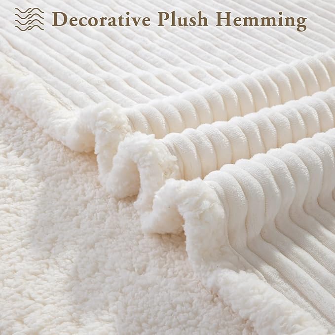 LBRO2M Striped Sherpa Fleece Bed Blanket Twin Size, Super Soft Fuzzy Plush Warm Cozy Fluffy Microfiber Couch Throw Velvet Double Reversible Luxurious Blankets (65x90),Ivory