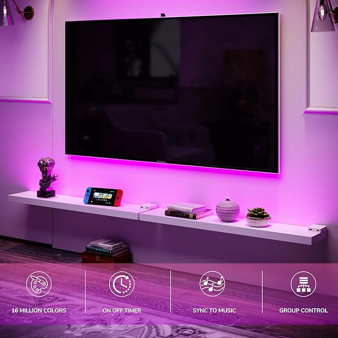 BAMEOS RGB LED Floating Shelves for Wall, 35" Wall Mounted Wooden Shelves with Invisible Brackets, Set of 2, Hanging Wall Shelves for Bedroom, Living Room, Kitchen, Study (White)