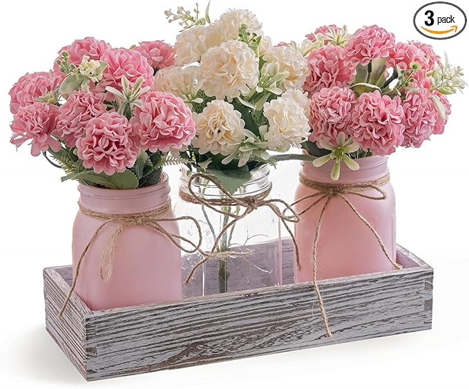 LUEUR 3PCS Artificial Hydrangea Flowers in Mason Jars with Wood Tray for Dining Table Coffee Table Farmhouse Home Decor Centerpieces Spring Decor Perfect for Kitchen, Living Room, Bathroom