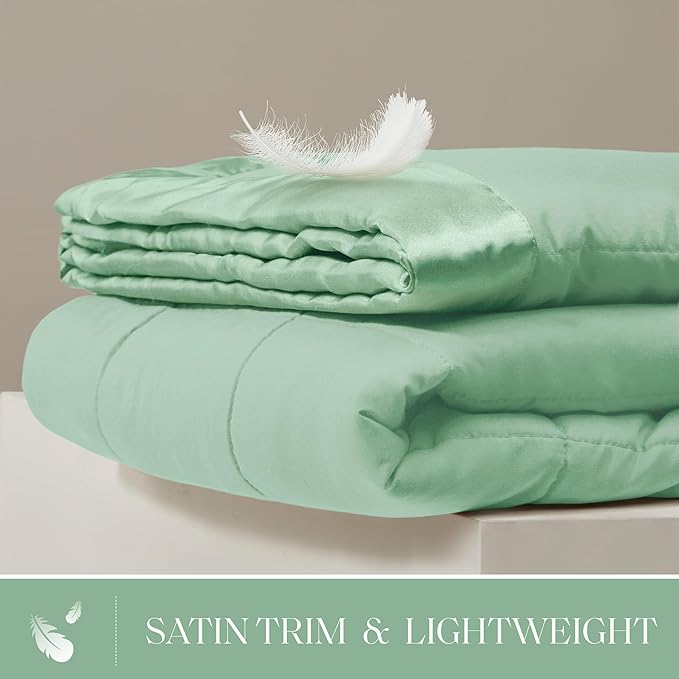 Madison Park Windom Down Alternative Blanket, Premium 3M Scotchgard Moisture Wicking Treatment, Lightweight and Soft Bed Cover For All Season, Satin Trim, Seafoam Full/Queen