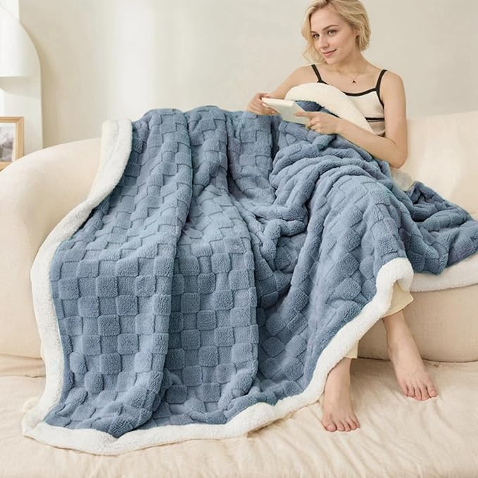 Sherpa Throw Blanket for Couch, Flannel Cozy Soft Thick Blanket for Bed - Fleece, Dirty Blue, 60x80 Inches