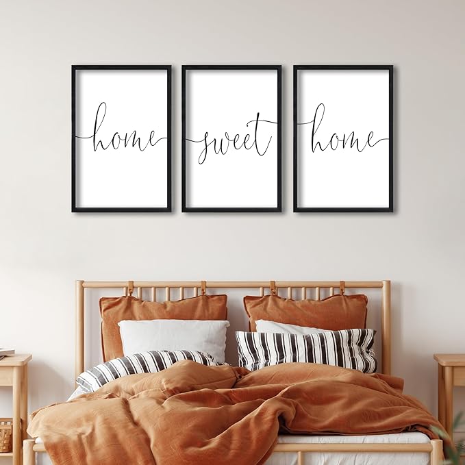 RLWangChao Home Sweet Home Sign Set of 3 Wall Art Decor 16"X24" Vintage Bedroom Above Bed Minimalist Modren Living Room Wooden Framed Warm And Cozy Family Wall Hanging Decoration (Black)