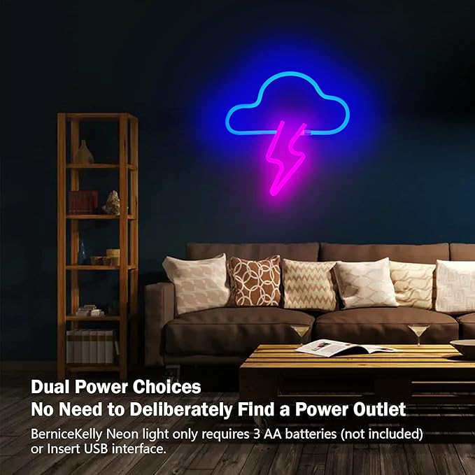 Neon Sign LED Cloud Lightning Neon Signs for Wall Decor Hanging Battery or USB Powered Light Up Neon Lights for Bedroom Aesthetic Kids Room Living Room Bar Party Christmas Wedding Pink
