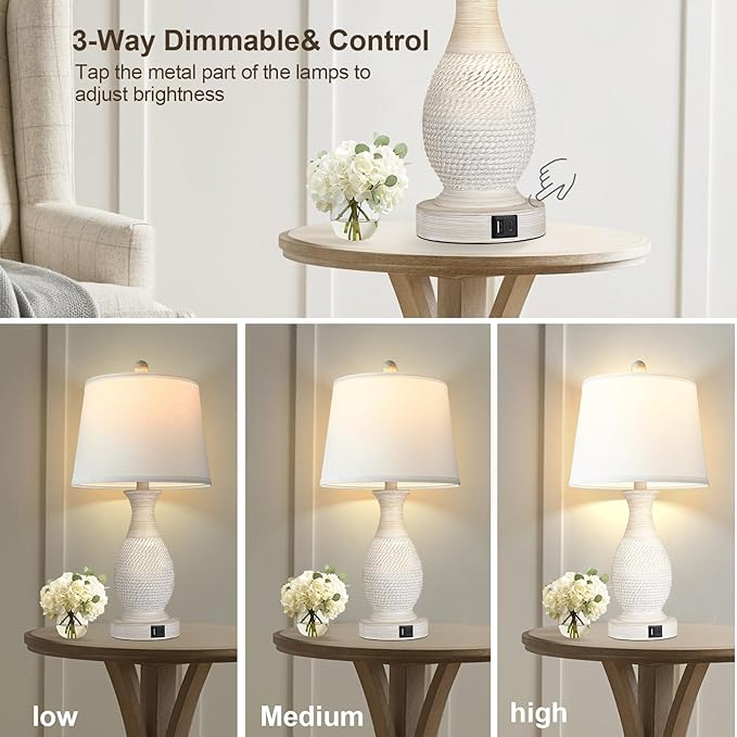 PARTPHONER Table Lamps Set of 2, Bedside Touch Lamp with USB C+A Charging Ports, Side Table Lamp with White Fabric Shade (LED Bulbs Included)