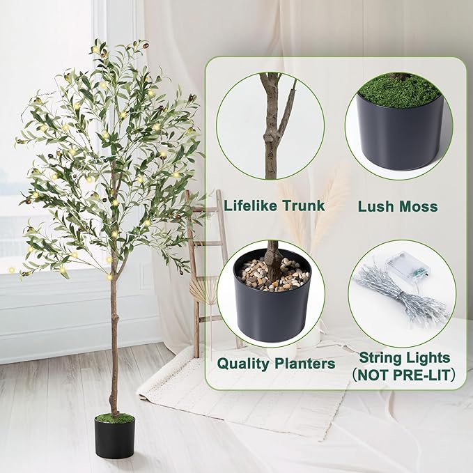 Olive Tree, 6FT Tall Faux Olive Tree with Moss and Planter, Olive Trees Artificial Indoor with Realistic Wood Trunk and Lifelike Fruits, Fake Tree for Home Office Living Room Decor