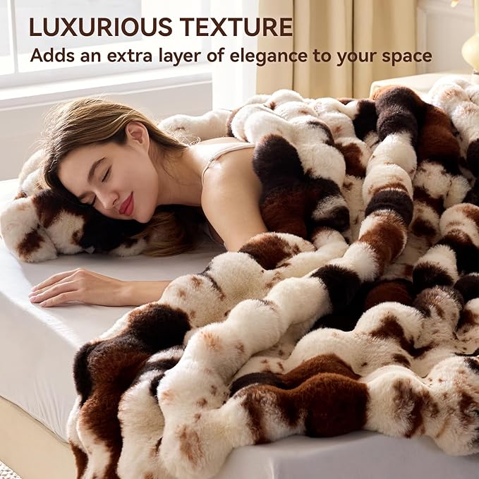 Faux Fur Throw Blanket, 1000GSM Fluffy Soft Bubble Blanket for Couch Bed, Cozy Plush Warm and Thick Blanket, Fuzzy Rabbit Throw for Living Room Bedroom 80''*90'' Cow Brown