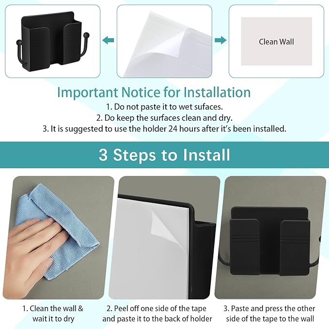 Jetec 6 Pcs Wall Mount Phone Holder Self-Adhesive Wall Beside Organizer Storage Box Plastic Charging Phone Stand Remote Brackets Holder for Bedroom(Black)