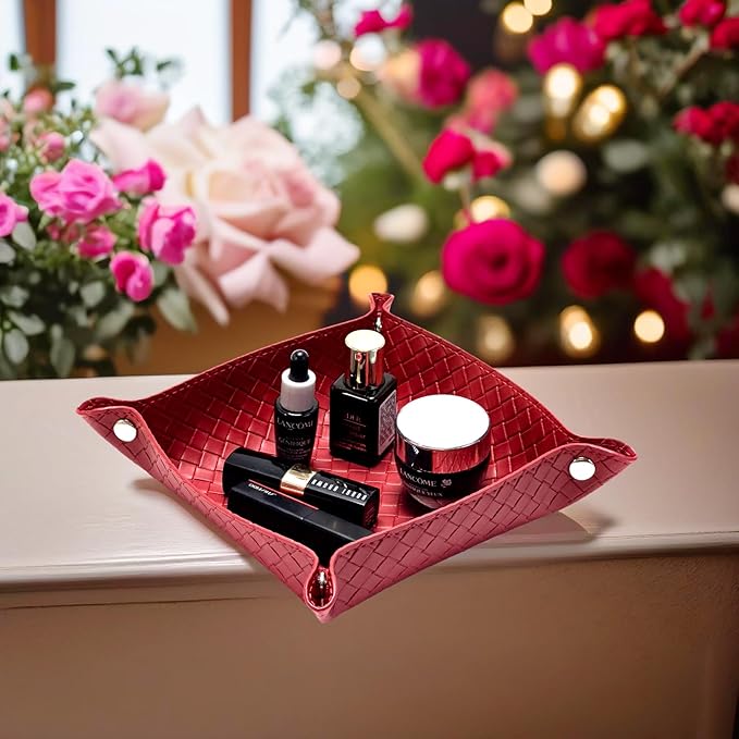 UnionBasic Small Valet Tray, Jewelry Tray for Rings Watches Earrings, Entryway Catchall Caddy for Coins Keys Change, Nightstand Bedside Valet Holder, Trays for Electronic Gadgets, Woven Red