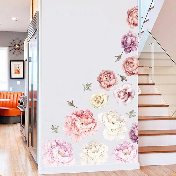 Large Floral Wall Decals, 15 Peonies Flower Set Stickers for Bedroom, Living Room, Nursery, Elegant Floral Decals for Home Decor, Boho Botanical Style