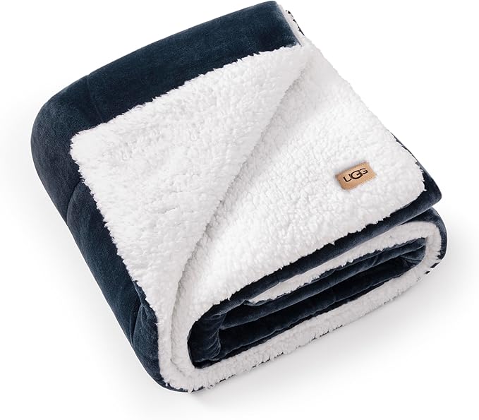 UGG Nita Throw Blanket for Couch, Reversible Plush Throw for Couch or Bed, Cozy Fluffy Fleece Blanket, Living Room Decor, Washable Bedding, 50-inch x 70-inch, Navy Blue