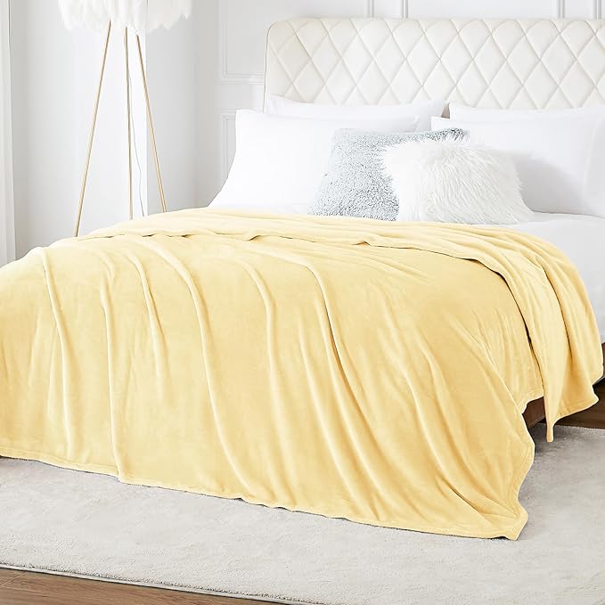 Hansleep Fleece Cream Yellow Queen Blanket, Super Soft Flannel Fuzzy Plush Cozy Blanket for All Seasons, Cream Yellow, Queen 90x90 Inches
