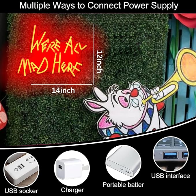 We're All Mad Here Neon Signs/ 14 * 12 Inch/Alice In Wonderland Party Decor, Mad Hatter Tea Party Neon Lights with Diimer Switch for Bedroom Bar Home Dorm Birthday Gifts