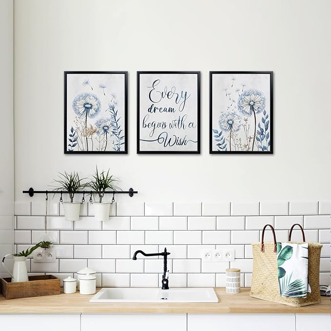 Nachic Wall Dandelion Wall Art Blue and Brown Floral Canvas Prints Inspirational Quote Framed Artwork