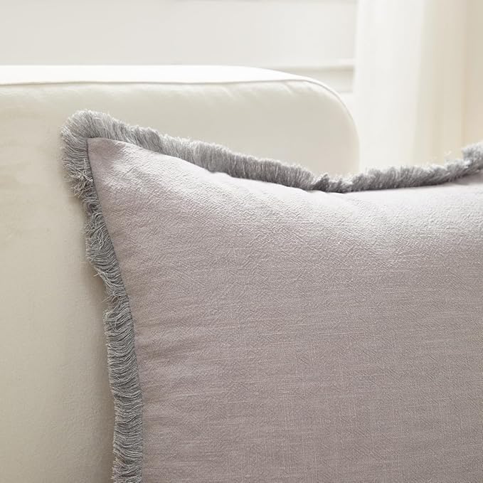 Sunday Praise Set of 2 Linen Fringe Decorative Pillow Covers 18x18 Inch Farmhouse Accent Boho Throw Pillow Cases with Tassels Cozy Soft Square Cushion Covers for Couch Sofa Bed Home Decor,Grey