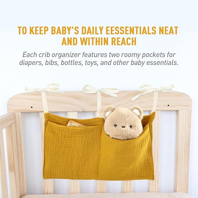 Cinaci 2pcs Cotton Pram Stroller Caddy Baby Crib Hanging Organizers Storage Pockets Nappy Diaper Bags Bedside Pockets for Milk Bottle/Soothing Toys/Wipes (Cream Set)