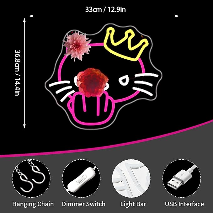 Neon Sign, FPLL Pink Cat Neon Signs for Wall Decor - Cute LED Sign for Bedroom, Party, Birthday, Bar Light up Signs Home Decor - USB Powered