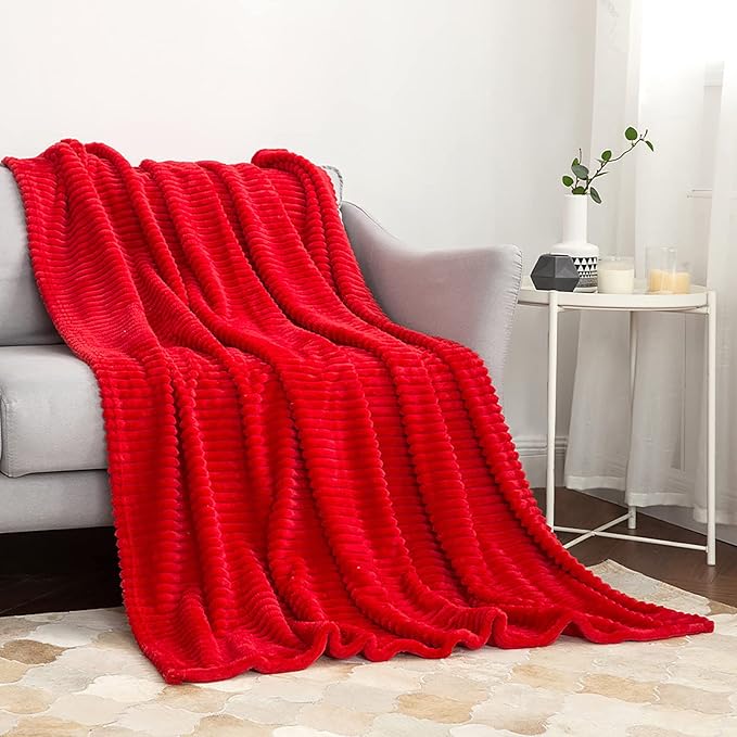 MIULEE Red Fleece Throw Blanket for Couch 300GSM Super Soft Lightweight Plush Striped Throws, Red Warm Cozy Breathable Ribbed Flannel Blanket for Bed/Sofa, Twin Size 60"x80"