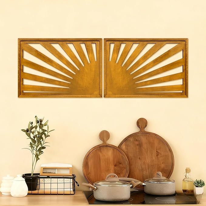 Bnesi 2pcs Boho Wood Wall Art Set Large Bohemian Decoration for Bedroom Above Bed Unique Big Wall Art as Bohemian Wall Decor Ideal for Vintage Home Aesthetics Wall Decor (Claybank)