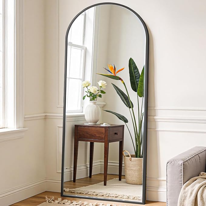 NEWBULIG Arched Full Length Mirror 24"x 65" for Bedroom, Full Body Mirror with Stand, Hanging or Leaning for Wall, Aluminum Alloy Thin Frame Floor Standing for Living Room, Long, Black
