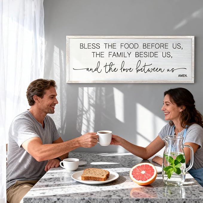 Bless the Food Before Us, the Family Beside Us, and the Love between us Framed Wall Art for Dining Room, 40''×15'' Positive Holy Religious Rustic Bible Verse for Christian God Jesus Christ Prayer