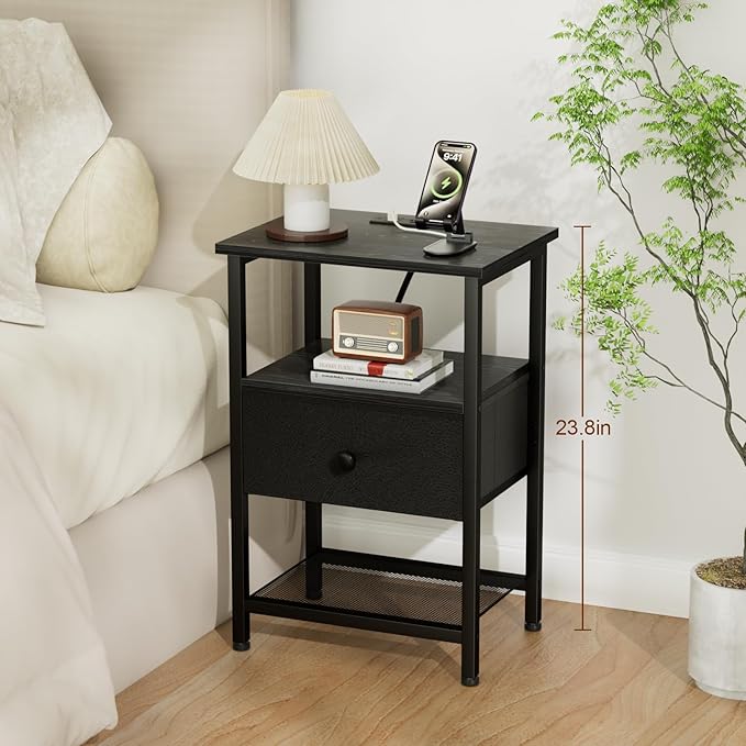 Night Stand with Charging Station, Small Bedside Table with Fabric Drawer, Nightstand with USB Ports & Outlets for Bedroom, Living Room, Black, HETS010BK-1