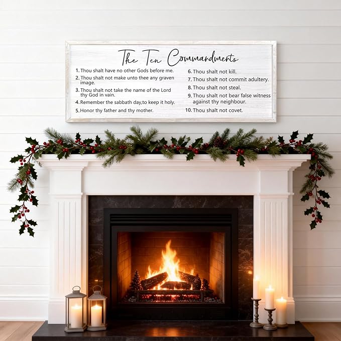 The Ten Commandments Rustic Bible Verse Framed Wall Art, 40''×15'' Positive Religious Christian Saying Sign for God Jesus Christ Prayer, Vintage Horizontal Holy Inspirational Catholic Scripture Decor